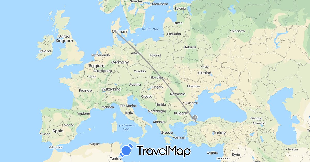TravelMap itinerary: driving, plane in Denmark, Turkey (Asia, Europe)